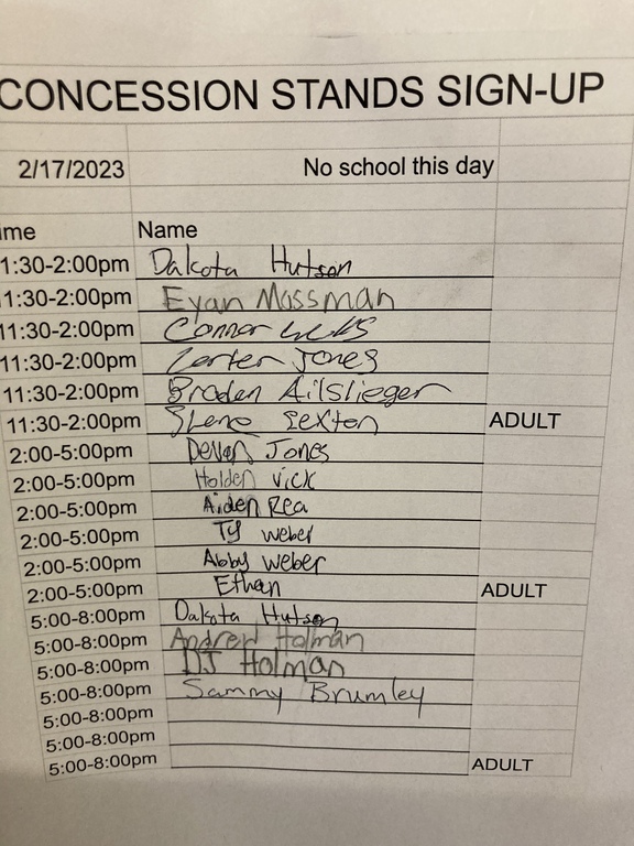 Reminder of the time that you have signed up to help with concessions tomorrow. It will likely be very busy! Thanks for helping!