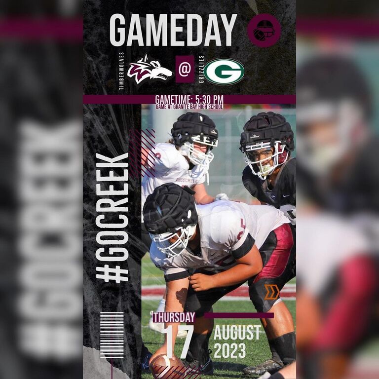 Thursday, 8/17 - Freshman Game at 5:30 PM
Woodcreek Timberwolves vs. Granite Bay Grizzlies
@ Granite Bay High School
Let's cheer for our freshmen as they take on the Granite Bay Grizzlies this Thursday. 
Deck yourself out in maroon, bring your energy,