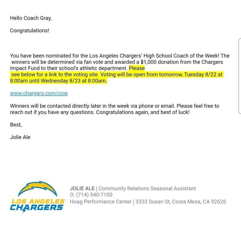 our very own Hoover football head, coach Will Gray, who is nominated for the chargers coach of the week!! players family let’s go vote!! our head coach has done wonders for the Hoover Football team!! We are soooo proud of him let’s show him let’s show him