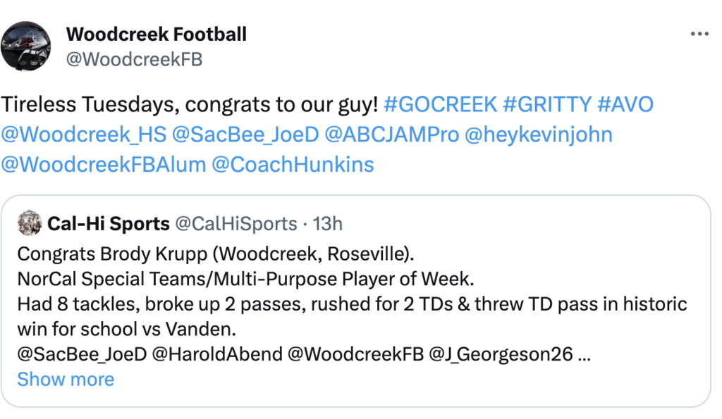 Twitter (X) mention for Brody Krupp!
https://twitter.com/woodcreekfb/status/1727187328203117000?s=46&t=__YCG_SIf2TQIvtcx-m5cg&fbclid=IwAR3ykHSI5gnIBIuFtbSYKTGEqL8ldhtQ9NNNO8v5PabUlabaoWkMavZkr4Q
