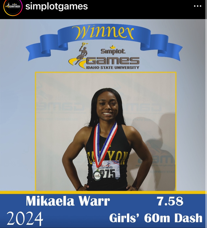 simplotgames Securing first place in the Girls' 60-meter is Mikaela Warr from CA.

"I am feeling amazing today," said Warr. "My plan was just to execute it, just to run a fast running time. I made sure I stretched, warmed-up properly, ate properly and p