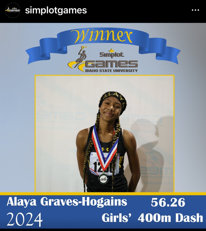 simplotgames Alaya Graves-Hogains secured first place in the Girls' 400-meter Dash from CA.

"Getting first place it felt like an honor," said Graves-Hogains, "because I am a freshman and my first time coming out here and I just feel so grateful and tha