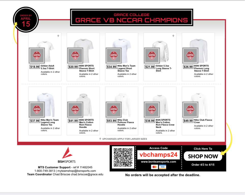 Our Championship store is now available through April 15th! 

https://bsnteamsports.com/shop/vbchamps24

Access code: vbchamps24