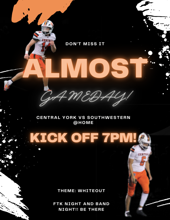 Almost Game Dayy!!🔥

Tomorrow Central York takes on the Southwestern mustangs @ home!!

Make sure to come and support CY!!
#gopanthers🐾 #CYfootball