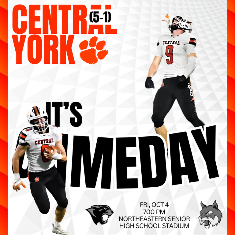 🚨🏈 Game Day Alert! 🏈🚨

🌟| Central York vs Northeastern

📌| Northeastern Senior High School Stadium

🏈| Kickoff is at 7:00 PM !

Let’s cheer on our team to victory! Go Panthers! 🐾🏆
#Gopanthers #CYfootball