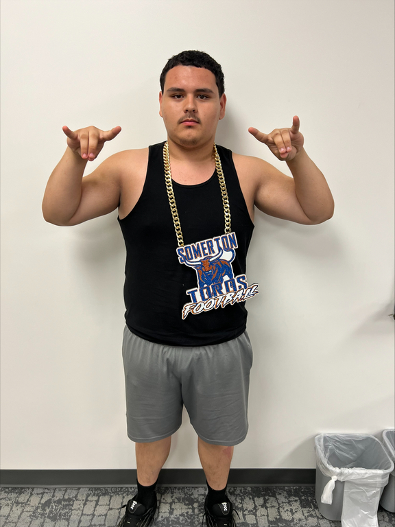Orion wearing the turnover chain as a result of an onside kick attempt being recovered!