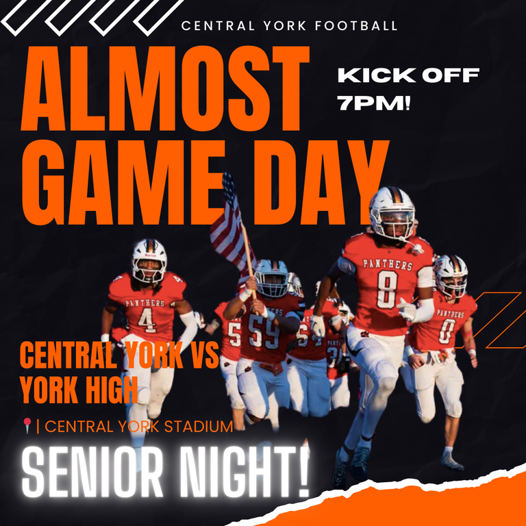 Almost Game Dayy!!🔥

Tomorrow Central York takes on the York High Bearcats @ Home 

Tomorrow is also Senior night for our football players and cheerleaders!!⭐

Make sure to come and support CY!!
#gopanthers🐾 #CYfootball