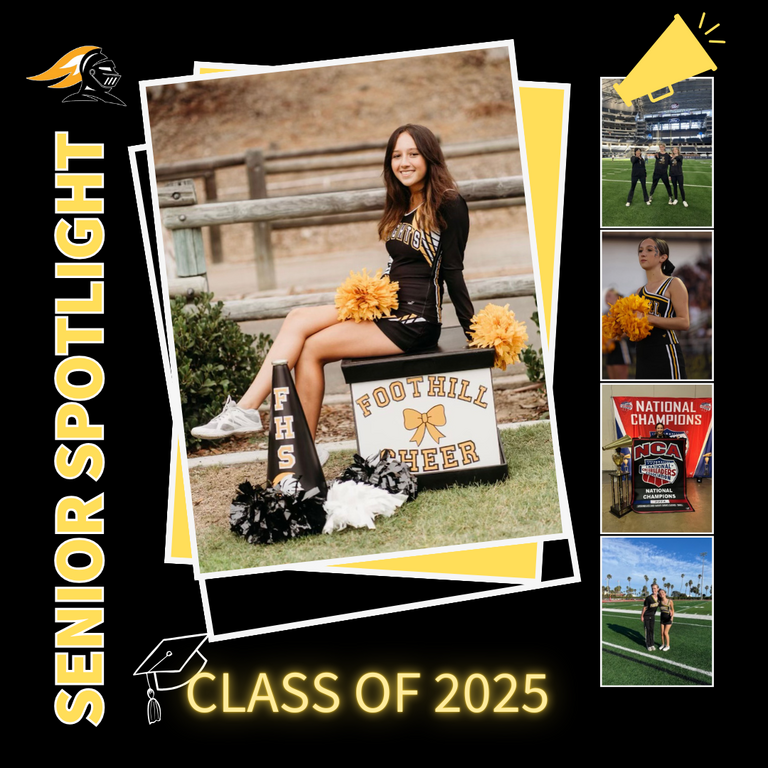 ✨Senior Spotlight #8✨: Maddie Caffrey

Maddie is a 4-year program member and has been on Varsity Game Squad for 2 years and competed with Varsity Comp Team for 1 year! 📣
•
She plans to attend UCSB and study Psychology! 🧠
•
Maddie’s favorite FHS Chee