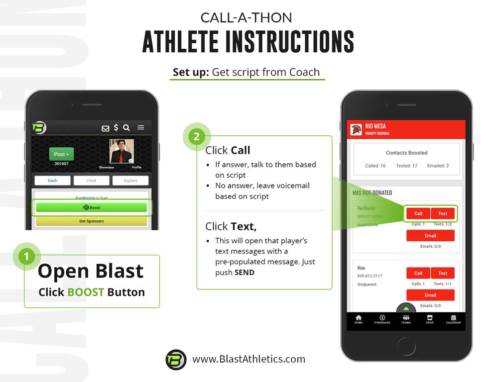 Athlete Instructions Set up: Get Script From Coach 1. Open Blast - Click BOOST button 2. Click Call - If answer, talk to them based on script 3. No answer - leave vm based on script Click Text - This program will open the player's text messages with a pre