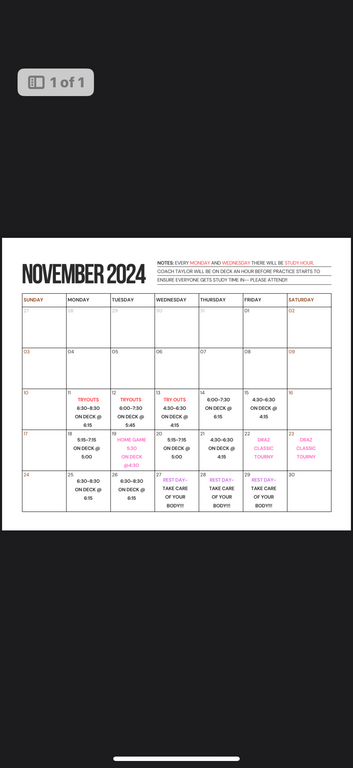 November practice schedule