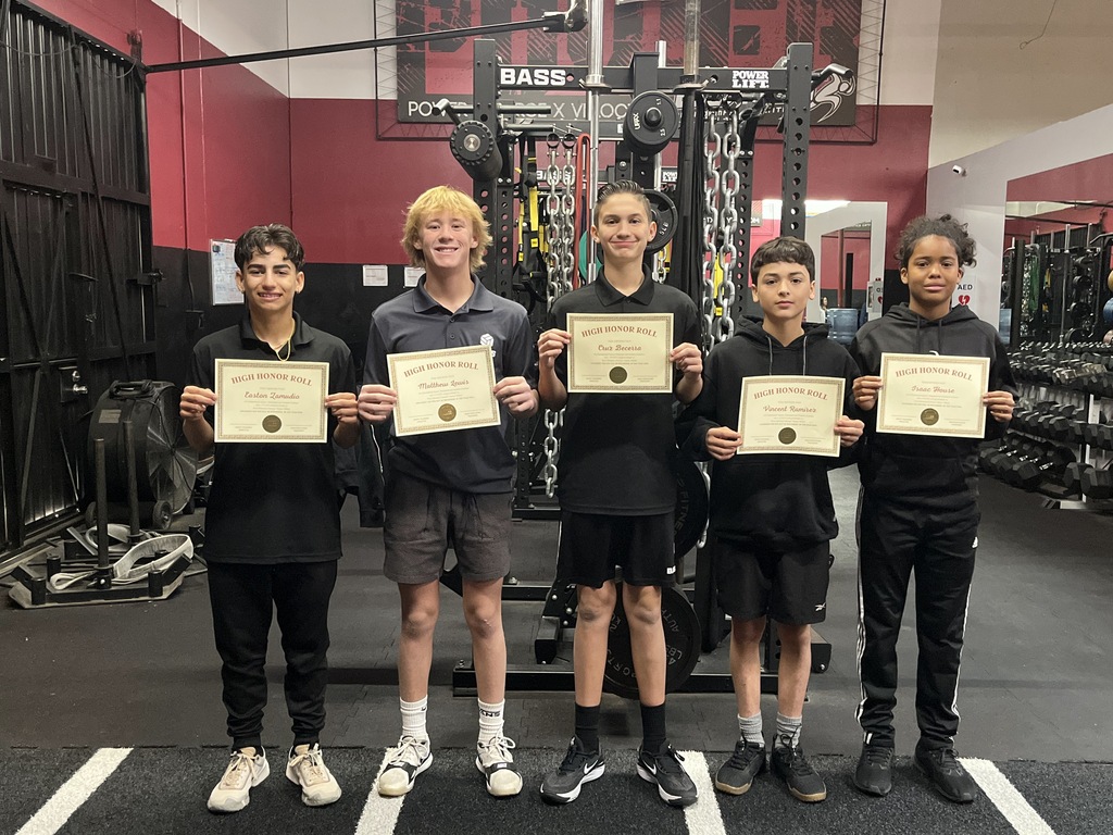 High Honor Roll (All As and 3.8+)
Cruz Becerra,  
Vincent Ramirez
Easton Zamudio, 
Isaac House, 
Matthew Lewis