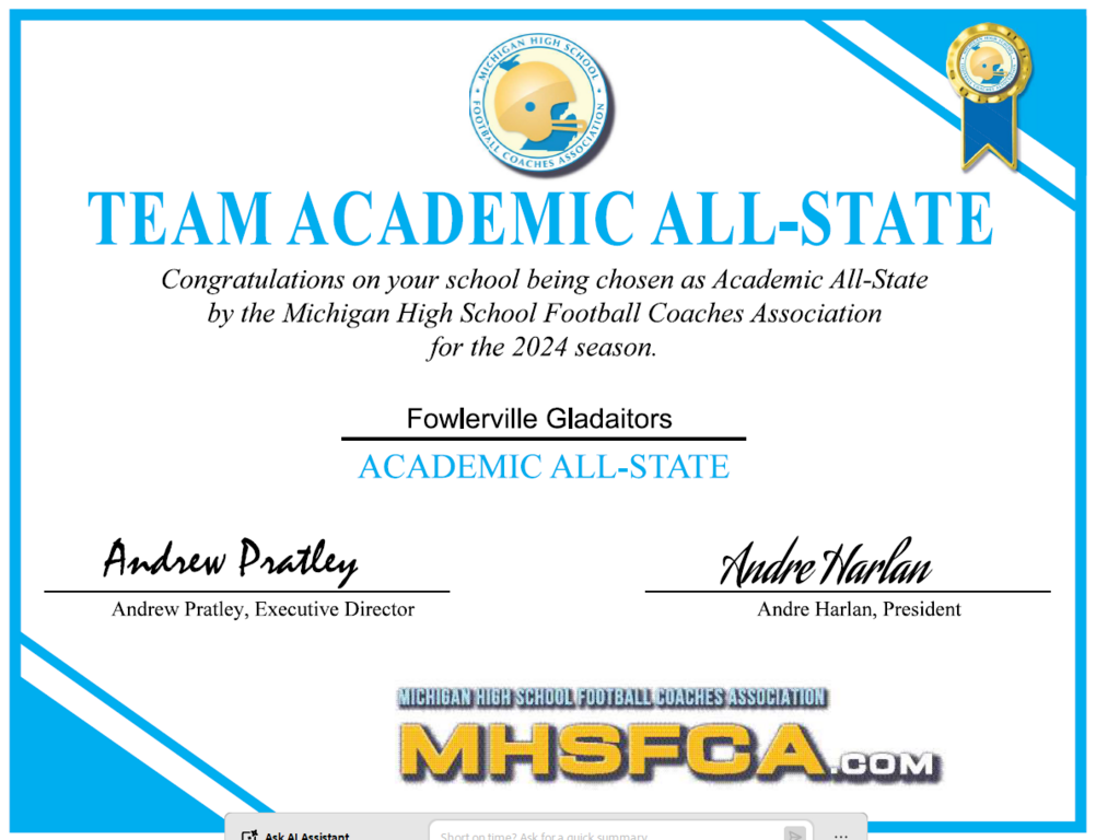 Varsity Football team awarded 2024 Team Academic All State Award!