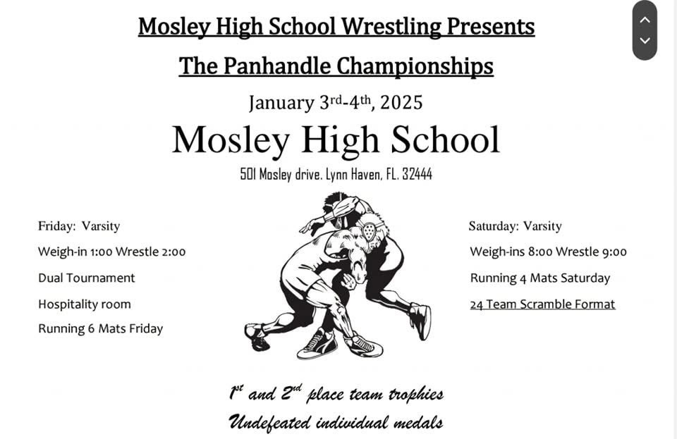 Just some reminders for the Varsity Panhandle Championship Tourney:

-Wrestlers need to be at Tate High School no later than 9am on Friday, January 3rd.
- Weigh In will be at 1pm, and wrestling is scheduled to start at 2pm on Friday
- This is an overnight