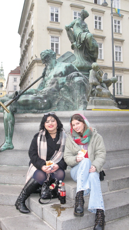 Yamile and I eating bratwurst in Vienna, Austria.