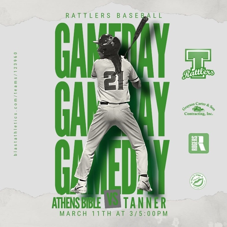 🚨 GAME DAY ALERT! 🚨
📍 Location: Athens Bible School
⏰ Game Time: 3:00 Varsity/5:00 PM JV
📝 Live Stats: https://web.gc.com/teams/wuIW8eFXarq5/schedule/422828f5-79a9-4393-a24b-feb834a37fd2/info

#GoRattlers #RattlerPride #Tanner #RattlerBaseball