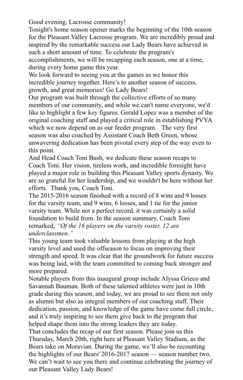The first of our 10 Year Anniversary write ups at half-time.  Tonight’s highlight was 2️⃣0️⃣1️⃣6️⃣…. Our first Varsity Season-  put together by a few dedicated parents 👏🏻  Thanks for announcing and taking the lead on this Reggie!!!
*Cant wait to see the p