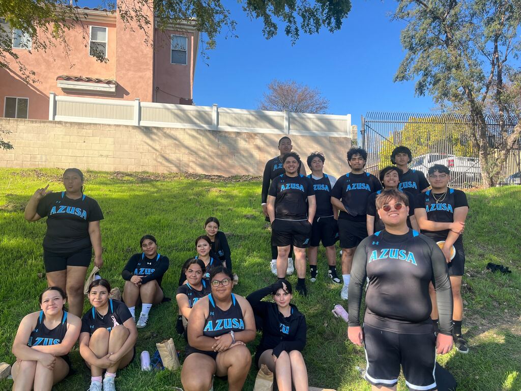 The team hanging out at the first Track Meet of the season vs Duarte.