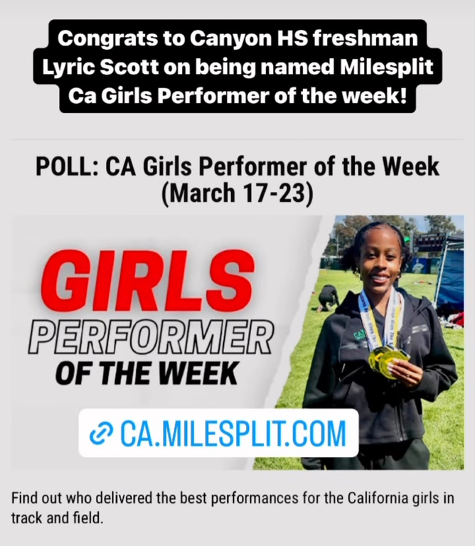 Congratulations to Lyric Scott on being named CA Girls Performer of the Week!! Great Day to be a Cowboy!!