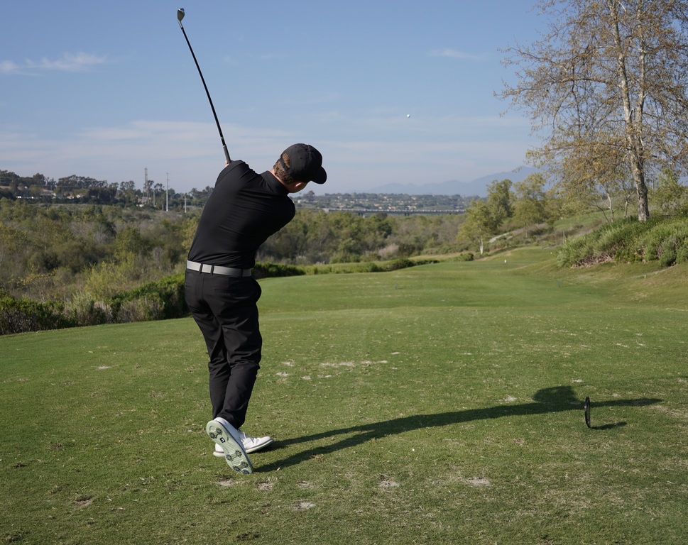 Liam McNamara with his tee shot on hole 4.