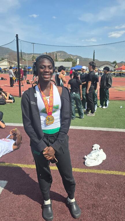 At the Simi Valley meet, Jerina Fuh with a huge PR in the Long Jump!! Her jump of 18-05.25 was a half inch off our school record!! Way to go Jerina and Good Morning!!