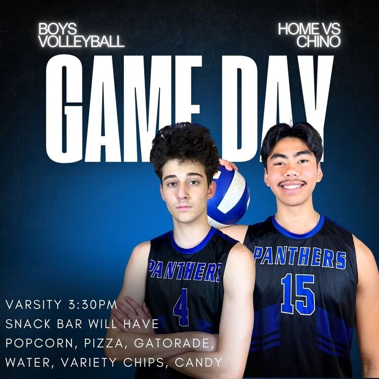 Hello Panther Family!

It is a Game Day vs Chino High School and we are HOME today! Game starts at 3:30pm. We are at the halfway point of the Mt. Baldy League and your varsity team is currently at the top spot in 1st place, while JV is in 2nd place of all