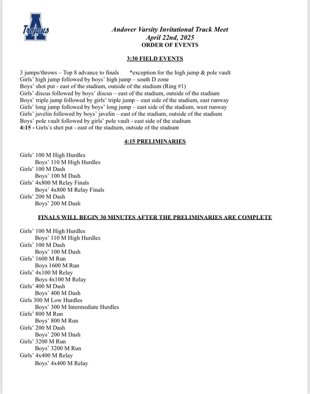 Andover Invitational @Jaguar Stadium
Dismiss 1:15/Bus leaves 1:30