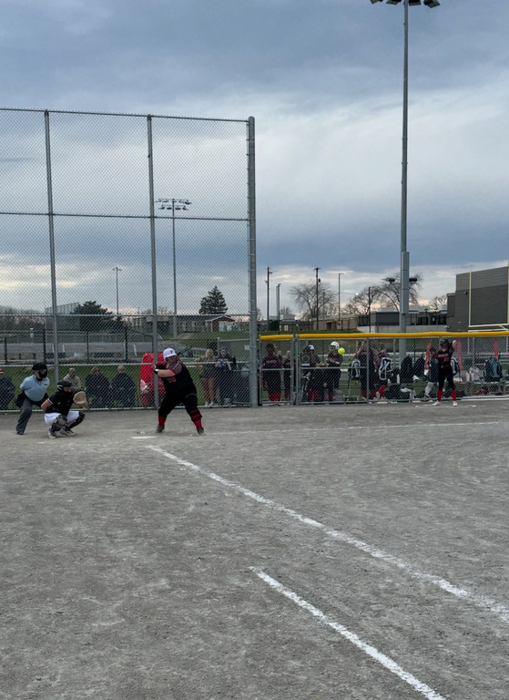 Addi Green, JVB pitcher and first base, gets ready to send it, to bring 3 runners in to tie the game against Clarkston Wednesday evening.