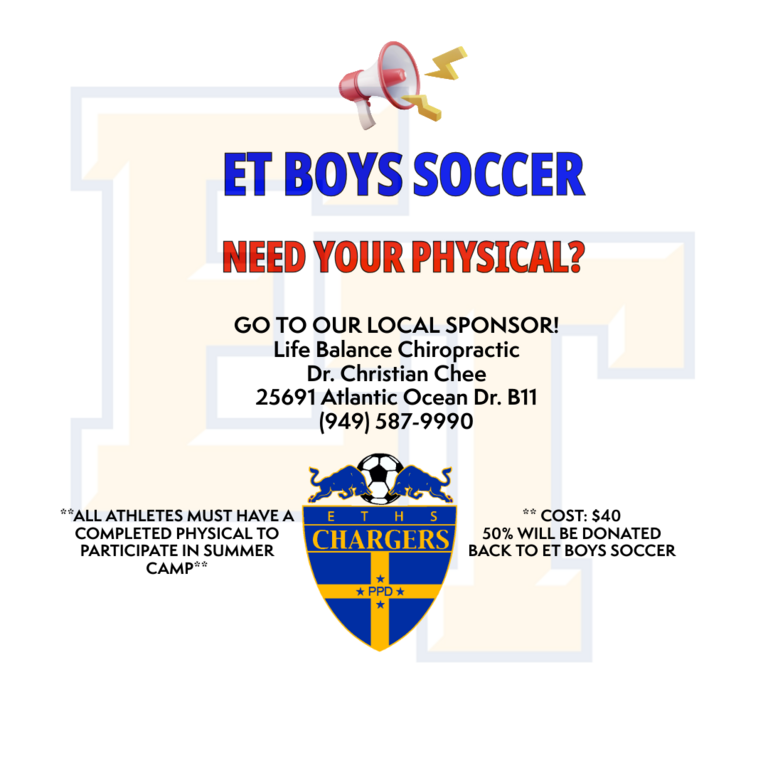 Attention all athletes in need of a new physical for the Summer Camp or 2025-2026 school year. Go see Dr. Chee at Life Balance Chiropractic. 50% of the physical fee will be donated back to our program. Tell them you are with ET boys soccer