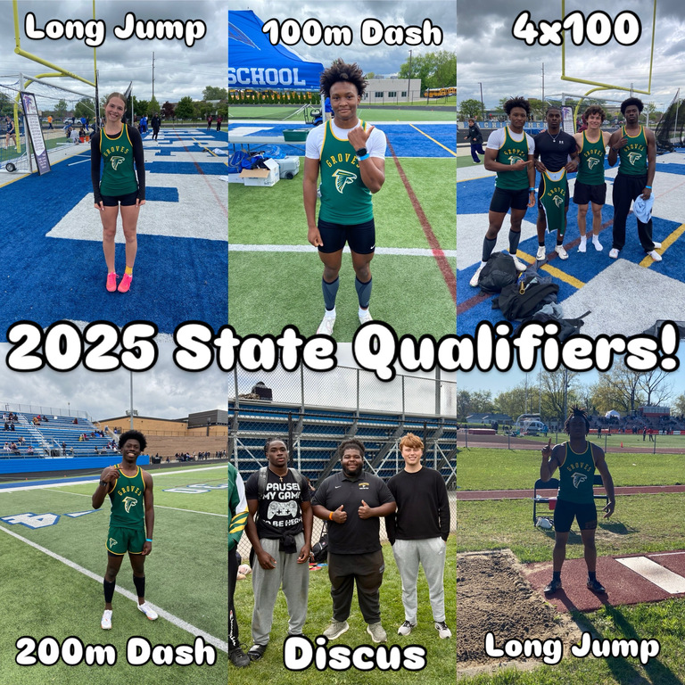 Congratulations to our athletes heading to the MHSAA State Finals!


Noah Sanders, Regional Champion 100m Dash
Ray Glory-Ejpyokah, Regional Champion Discus
4x100: Chris Little, Jeremiah Mack, Dane Zeff, Noah Sanders, Regional Champions 
Sammie Koch, Long 