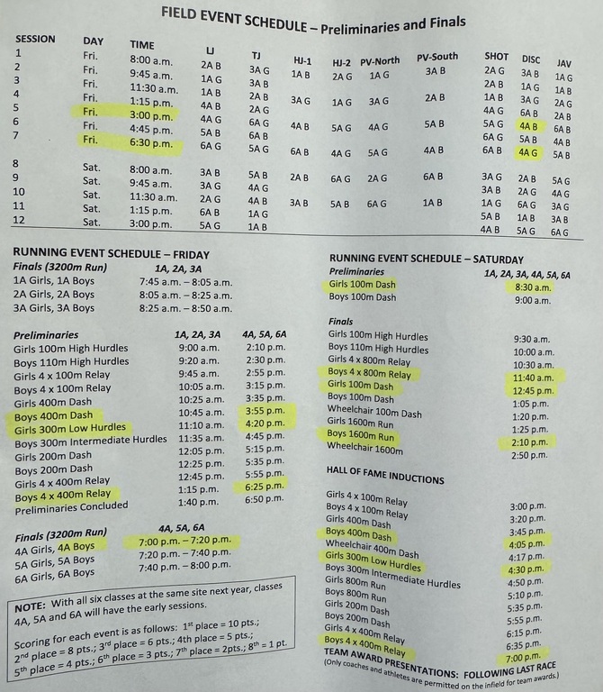 Schedule of events for this weekend.