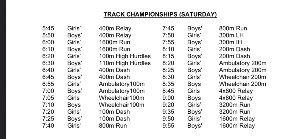 Here is what we have for tonight’s Final. Our girls race in the 4x100 relay, Lanai Gant races in the 400 and our girls race in the 4x400 relay!! Let’s Go Canyon!!
