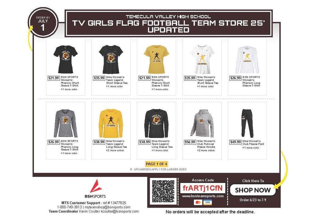 Hello Team, Please the link below for our online store that will be open for the next two weeks.  We have specifically design shirts for our Flag Team.  Please help show support for our first year!!! Go BEARS!!!!!!       https://bsnteamsports.com/shop/frA