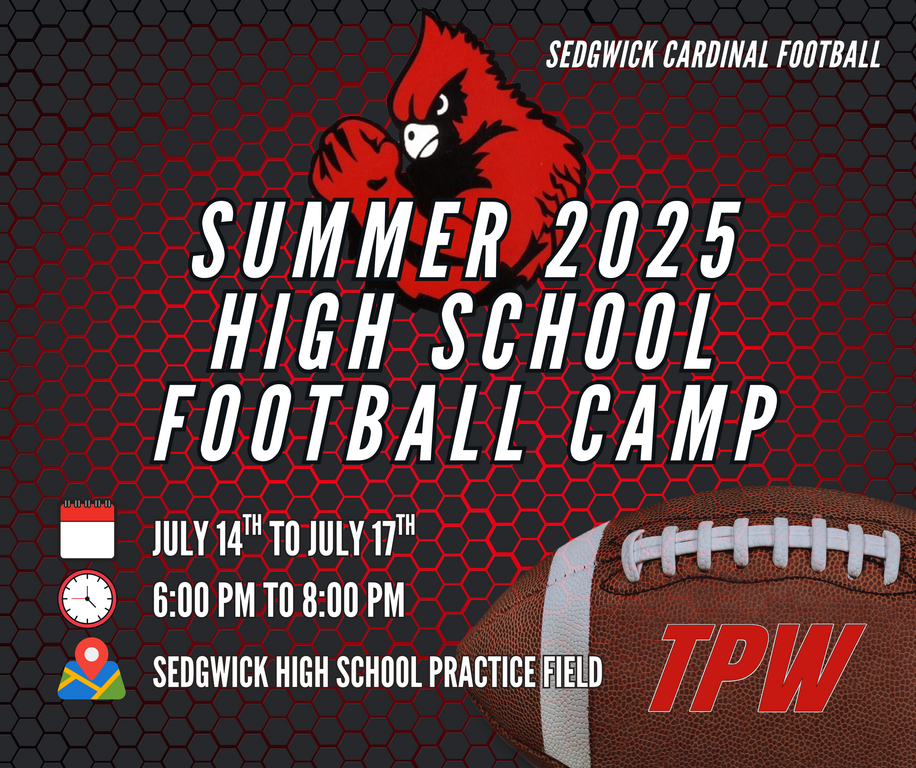 A reminder that Camp is July 14th-17th at the practice field 6 PM-8 PM. PLEASE SHARE THIS PICTURE TO SPREAD THE WORD TO ALL PROSPECTIVE 2025 PLAYERS!

Players should come July 13th at 3:30 PM to the old gym to check out a helmet and practice jersey (or ma