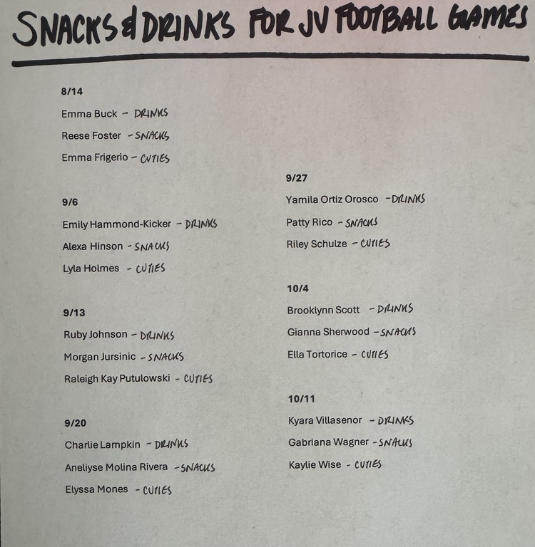 Hi girls! Here is our snack and drink schedule for the upcoming games.