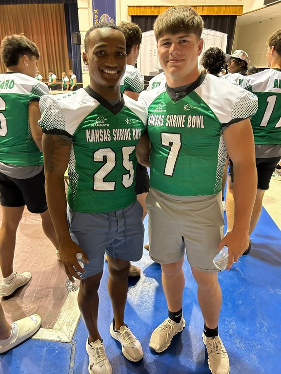 Jaden Cohens and Preston Hagel representing Goddard Football at the 2025 Kansas Shrine Bowl All-Star Game in Dodge City.