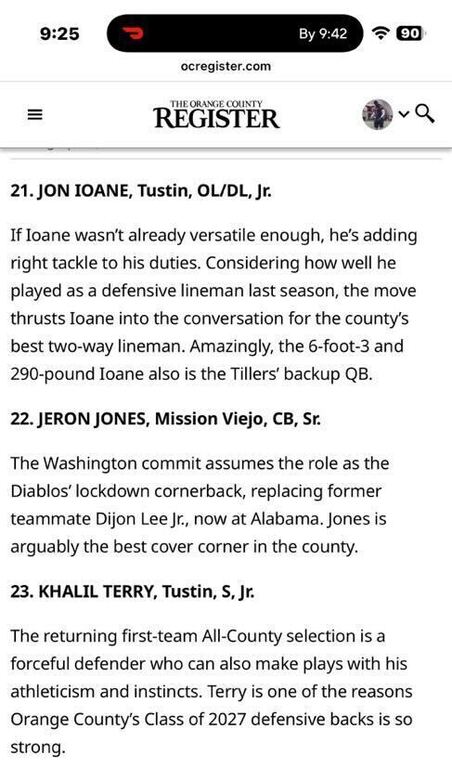 Congratulations to Jon Ioane and Khalil Terry for making the top 100 players in Orange County. #TustinFootball