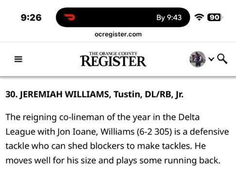 Congratulations to Jeremiah Williams for making the top 100 players in Orange County. #TustinFootball