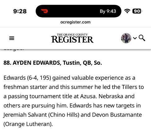 Congratulations to Ayden Edwards for making the top 100 players in Orange County. #TustinFootball