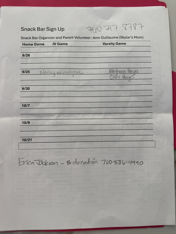 Hi everyone!! It was so nice meeting several of you at the meeting the other night !! We’re trying to get the snack bar up and running to make the girls some extra money for the volleyball department and asking that each athlete donate $25 ! All the money