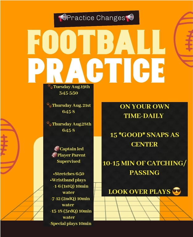 Good morning girls! 
📢Practice Changes! 📢
These are the dates for the next 2 weeks, as well as what you are to be doing daily. 
(No practice on 8/26)
