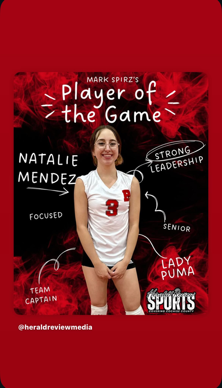 Senior Setter Natalie Mendez being honored as Player of the Game by Herald Review Media.