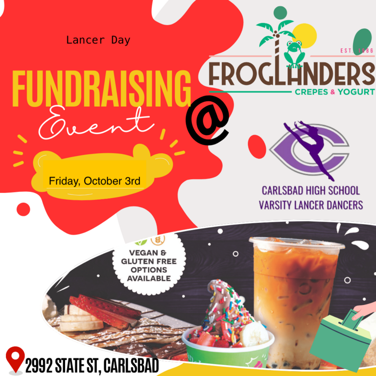 Froglanders Fundraiser! 

Froglanders has delicious crepes, savory and sweet, Boba, smoothies and Froyo.

See you there on Lancer Day!