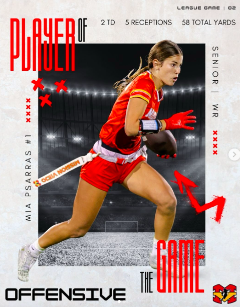 Congratulations to the Offensive Player of the 2nd League Game vs Aliso Niguel!

Mia Psarras #1
Senior, WR
5 receptions for 58 total yards and 2 receiving touchdowns!