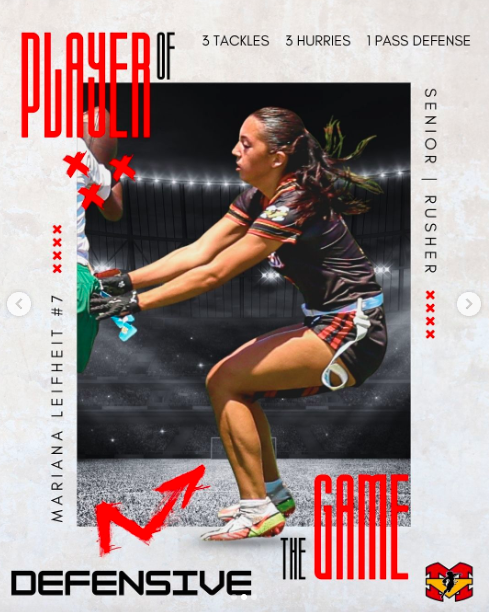 Congratulations to the Defensive Player of the Game vs Mayfair 🔥

Mariana Leifheit #7 | Senior, Rusher
3 Tackles
3 Hurries
1 Pass Defense
&
Rylee Hill #12 | Junior, LB
6 Tackles
2 Pass Defense