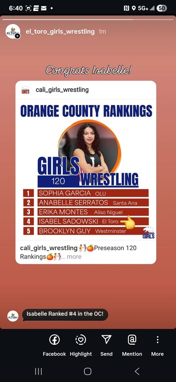 The 2025-26 Orange County pre-season rankings have been announced. Congrats to El Toro's, Isabelle Sadowski, for being ranked #4 in Orange County at 120 lbs.