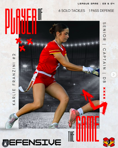Congratulations to our Defensive Player of the Game last week...#2, Karlie Franzini!

Senior | Captain | Defensive Back | 
6 Solo Tackles