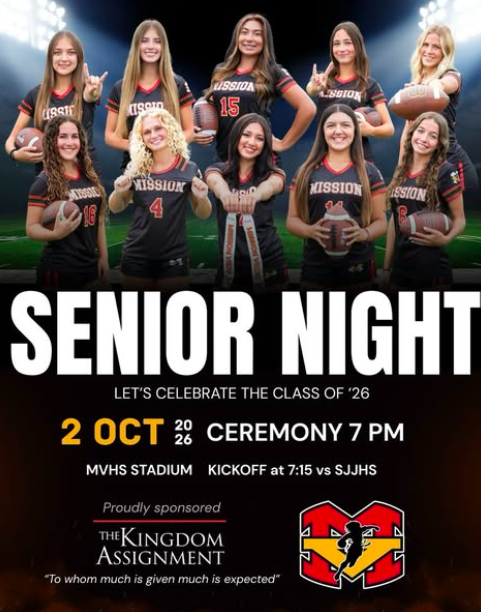 Join us for SENIOR NIGHT!
Thursday October 2nd in the MVHS Stadium
7pm Ceremony
7:15pm Kickoff vs San Juan Hills HS