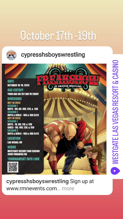 Freakshow is October 17th. Last day to sign up is Oct 14. If you plan to go, sign up under Cypress High school.at www.rmnevents.com