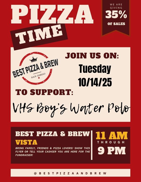 Best Pizza Fundraiser Tuesday October 14th! Come to Best Pizza in Vista for dinner after practice! :)