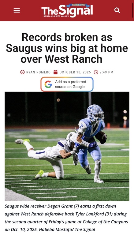 Saugus winning big against West Ranch https://signalscv.com/2025/10/records-broken-as-saugus-wins-big-at-home-over-west-ranch/?fbclid=IwdGRjcANZgTVleHRuA2FlbQIxMQABHiocFOmwiTEztu_qZAk0qHxCYWb7ESCFEO8W5EO76nEjZKo3aJM1oUlMt4pj_aem_6twa8ssGSqdxTa68Dg9HqQ